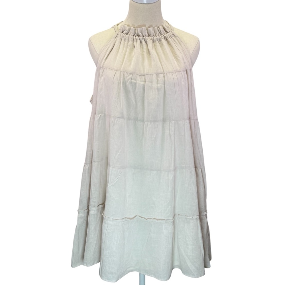 Listicle Ruffle Beige Textured Cotton Halter Neck Tiered Pocket Dress Size L